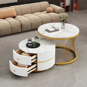 Reflet | Duo de tables gigognes rondes effet marbre brillant, 2 tiroirs