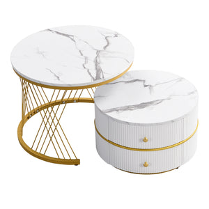 Reflet | Duo de tables gigognes rondes effet marbre brillant, 2 tiroirs