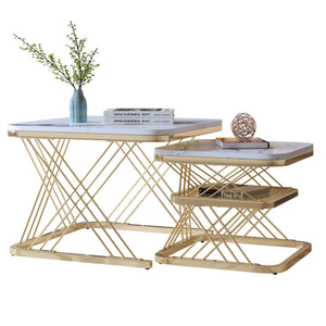 Duo Doré | Duo de tables basses effet marbre blanc, pieds dorés, 60 et 45 cm