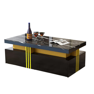 Éclipse | Table basse rectangulaire effet marbre haute brillance, 2 tiroirs bois, 100x50x40 cm