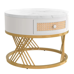 Duo Rotin | Duo de tables basses rondes effet marbre et rotin, tiroirs bois