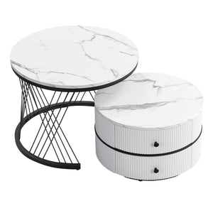 Reflet | Duo de tables gigognes rondes effet marbre brillant, 2 tiroirs