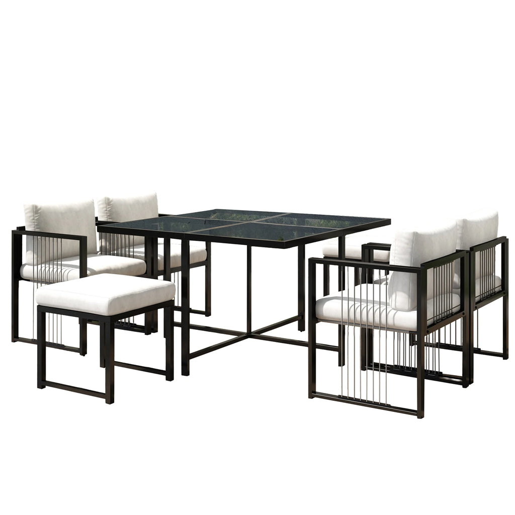 Séville | Ensemble repas 7 pièces, 4 fauteuils cordés et 2 poufs, table verre trempé