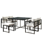 Séville | Ensemble repas 7 pièces, 4 fauteuils cordés et 2 poufs, table verre trempé
