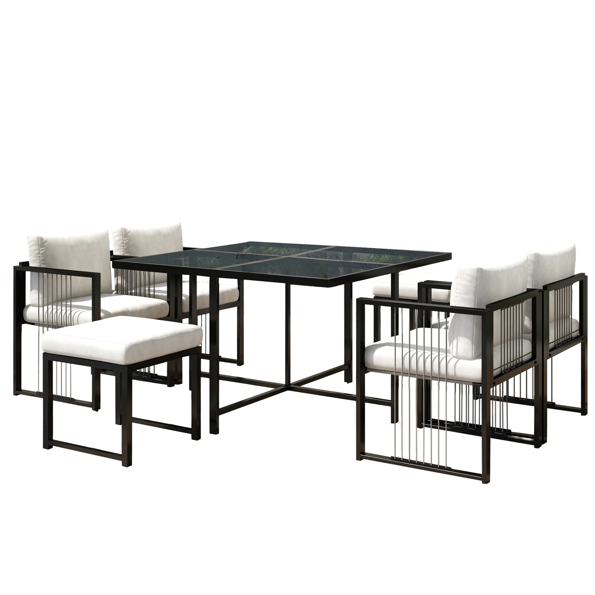 Séville | Ensemble repas 7 pièces, 4 fauteuils cordés et 2 poufs, table verre trempé