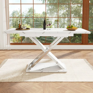 Marbella | Table de salle à manger extensible, plateau effet marbre, piétement croisé
