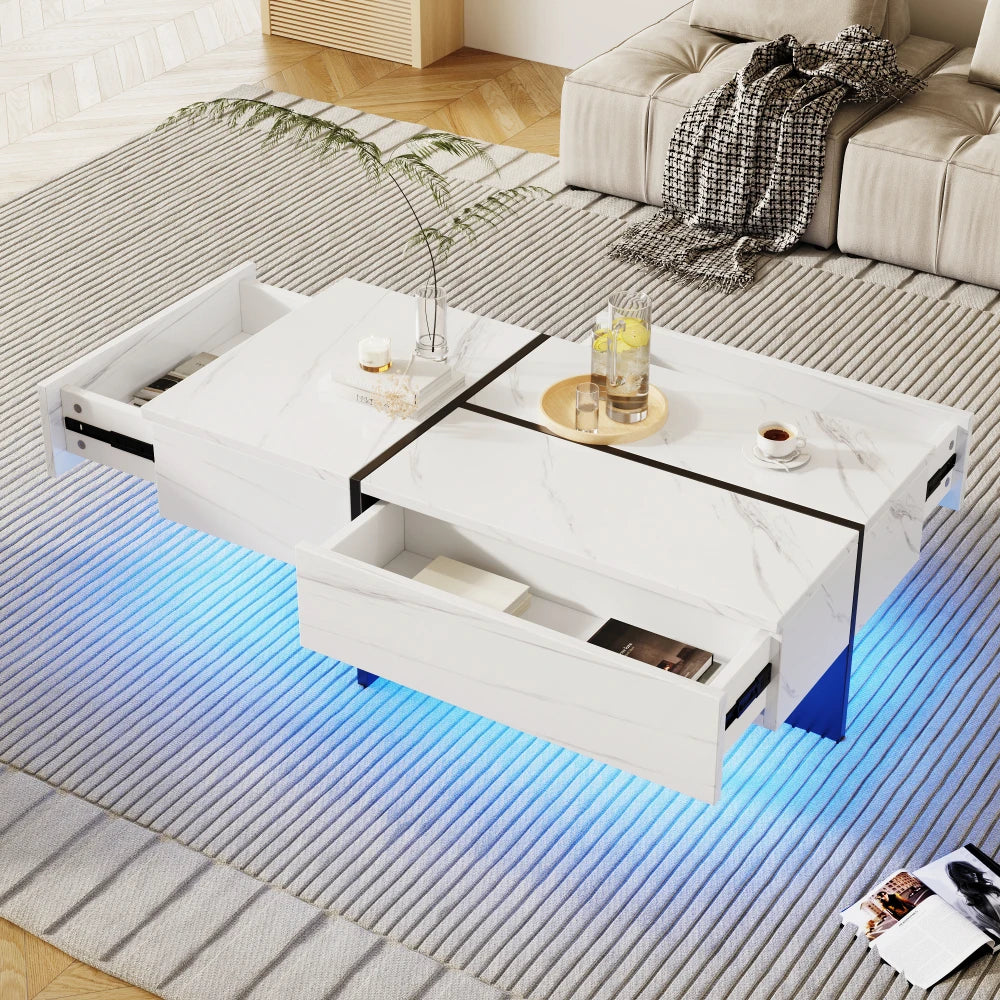 Aurore | Table basse bicolore effet marbre blanc et noir, LED connectée, 3 tiroirs