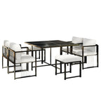 Séville | Ensemble repas 7 pièces, 4 fauteuils cordés et 2 poufs, table verre trempé