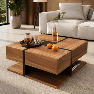 78×78×36cm Black Wood Grain Square Coffee Table with 4 Drawers & Lower Storage Shelf, Particle Board Construction, Max Load 50kg, Unique Color Line Pattern Design