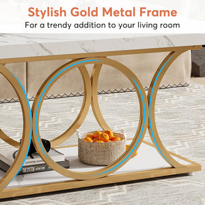 Manhattan | Table basse rectangulaire effet marbre blanc, pieds dorés, 118x56,5x48 cm