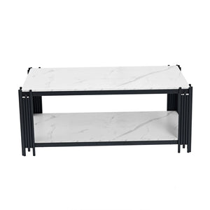 Domino | Table basse rectangulaire bicolore effet marbre, piétement métal, 114x64x46 cm