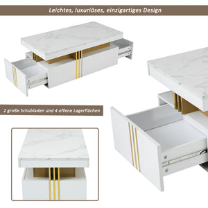 Éclipse | Table basse rectangulaire effet marbre haute brillance, 2 tiroirs bois, 100x50x40 cm