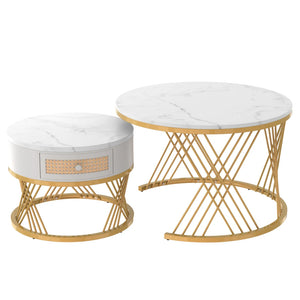 Duo Rotin | Duo de tables basses rondes effet marbre et rotin, tiroirs bois