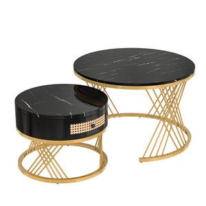 Duo Rotin | Duo de tables basses rondes effet marbre et rotin, tiroirs bois