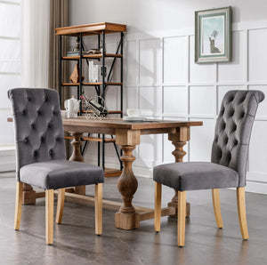 Duchesse | Lot de 6 chaises de salle à manger velours gris, pieds chêne massif