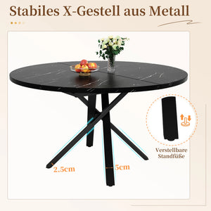 Carrare | Table de salle à manger ronde extensible, plateau effet marbre, piétement acier noir en X