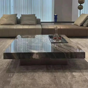 Titan | Table basse en pierre frittée effet marbre, piétement inox, plateau coulissant