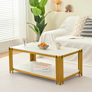 Domino | Table basse rectangulaire bicolore effet marbre, piétement métal, 114x64x46 cm