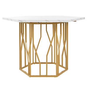 Hexagone | Table basse hexagonale effet marbre, piétement branches dorées