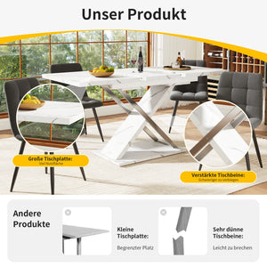 Marbella | Table de salle à manger extensible, plateau effet marbre, piétement croisé