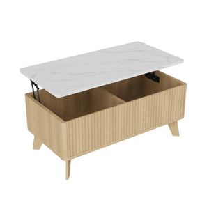 Ascension | Table basse relevable effet marbre et chêne clair, rangement intégré, 105x84x42 cm