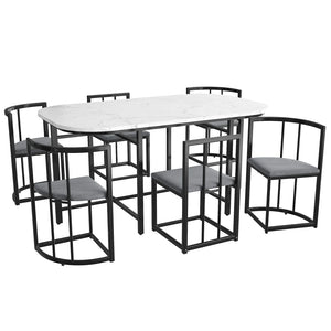 Élégante | Ensemble table blanche et 6 chaises velours gris, structure dorée