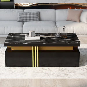 Éclipse | Table basse rectangulaire effet marbre haute brillance, 2 tiroirs bois, 100x50x40 cm