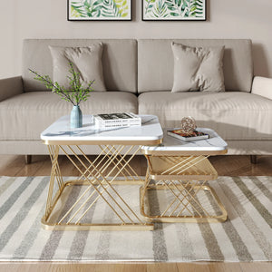 Duo Doré | Duo de tables basses effet marbre blanc, pieds dorés, 60 et 45 cm