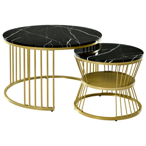 Duo Ébène | Duo de tables gigognes rondes effet marbre, piétement métal noir