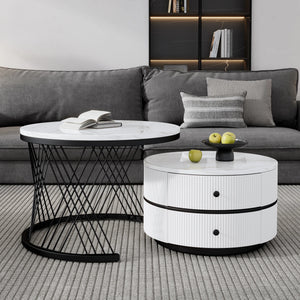 Reflet | Duo de tables gigognes rondes effet marbre brillant, 2 tiroirs