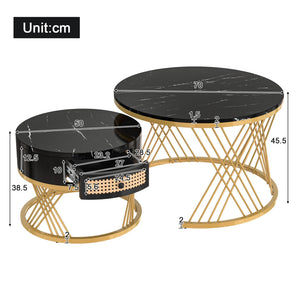 Duo Rotin | Duo de tables basses rondes effet marbre et rotin, tiroirs bois
