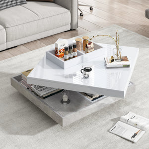 Pivot | Table basse pivotante à double plateau, effet marbre, blanc brillant, 70x70x36 cm