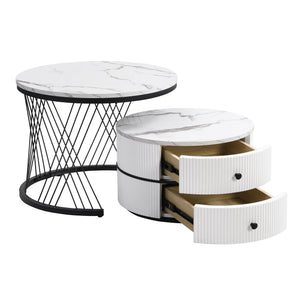 Reflet | Duo de tables gigognes rondes effet marbre brillant, 2 tiroirs