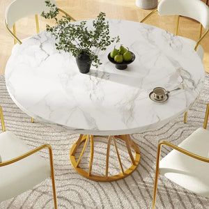 Elyséa | Table de salle à manger ronde, plateau effet marbre, piétement acier