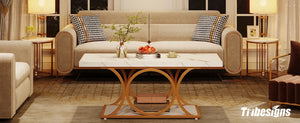 Manhattan | Table basse rectangulaire effet marbre blanc, pieds dorés, 118x56,5x48 cm