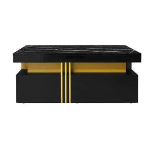 Éclipse | Table basse rectangulaire effet marbre haute brillance, 2 tiroirs bois, 100x50x40 cm