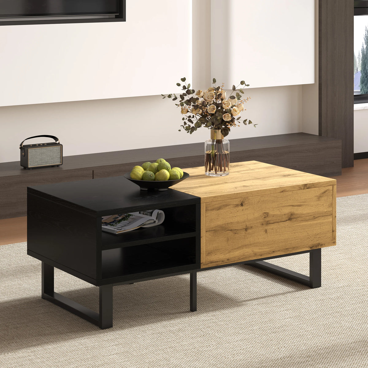Contraste | Table basse noire et bois avec tiroir et 3 compartiments