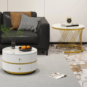 Reflet | Duo de tables gigognes rondes effet marbre brillant, 2 tiroirs