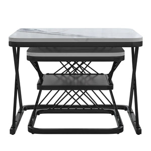 Duo Onyx | Duo de tables basses effet marbre, piétement fer noir et doré
