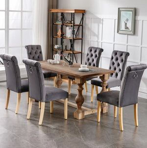 Duchesse | Lot de 6 chaises de salle à manger velours gris, pieds chêne massif