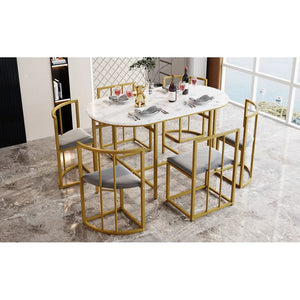 Élégante | Ensemble table blanche et 6 chaises velours gris, structure dorée