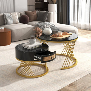Duo Rotin | Duo de tables basses rondes effet marbre et rotin, tiroirs bois