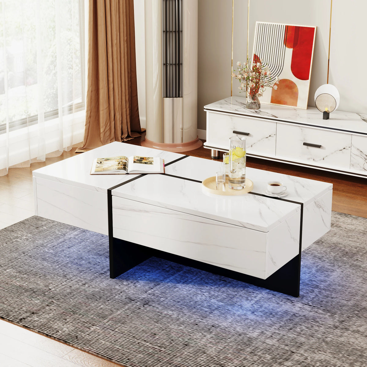 Lumina | Table basse en marbre blanc avec éclairage LED connecté, 100x50x34,5 cm