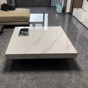 Titan | Table basse en pierre frittée effet marbre, piétement inox, plateau coulissant
