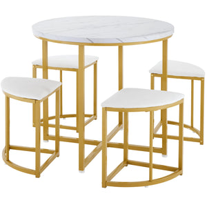 Compacte | Ensemble table ronde blanche 80cm et 4 chaises velours, pieds dorés