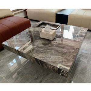 Titan | Table basse en pierre frittée effet marbre, piétement inox, plateau coulissant