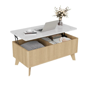 Ascension | Table basse relevable effet marbre et chêne clair, rangement intégré, 105x84x42 cm