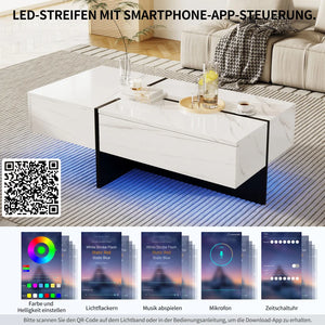 Aurore | Table basse bicolore effet marbre blanc et noir, LED connectée, 3 tiroirs