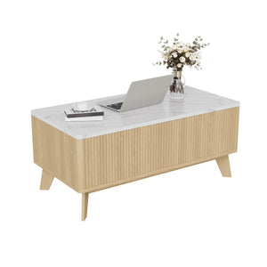 Ascension | Table basse relevable effet marbre et chêne clair, rangement intégré, 105x84x42 cm