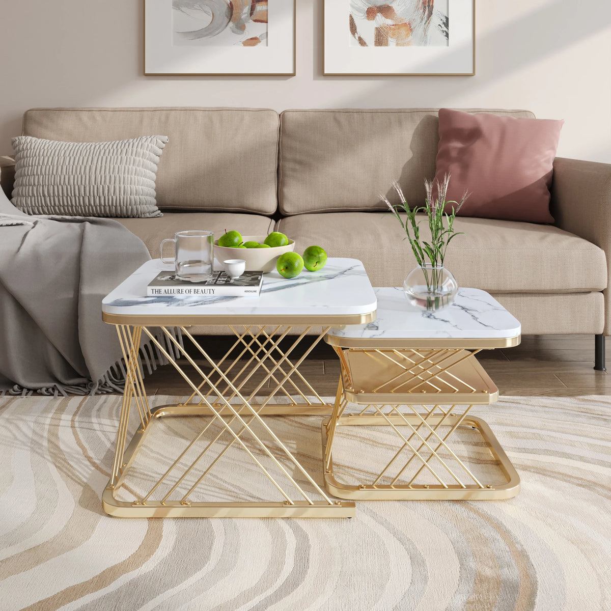 Duo Onyx | Duo de tables basses effet marbre, piétement fer noir et doré